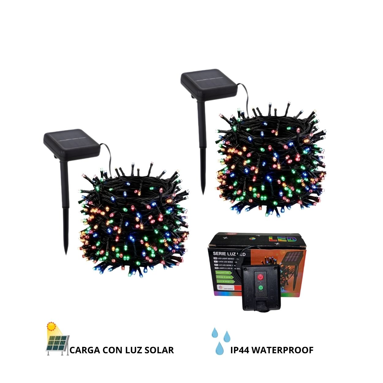 PACK X2 LUCES NAVIDEÑAS MULTICOLOR 20MTS CON PANEL SOLAR - 1