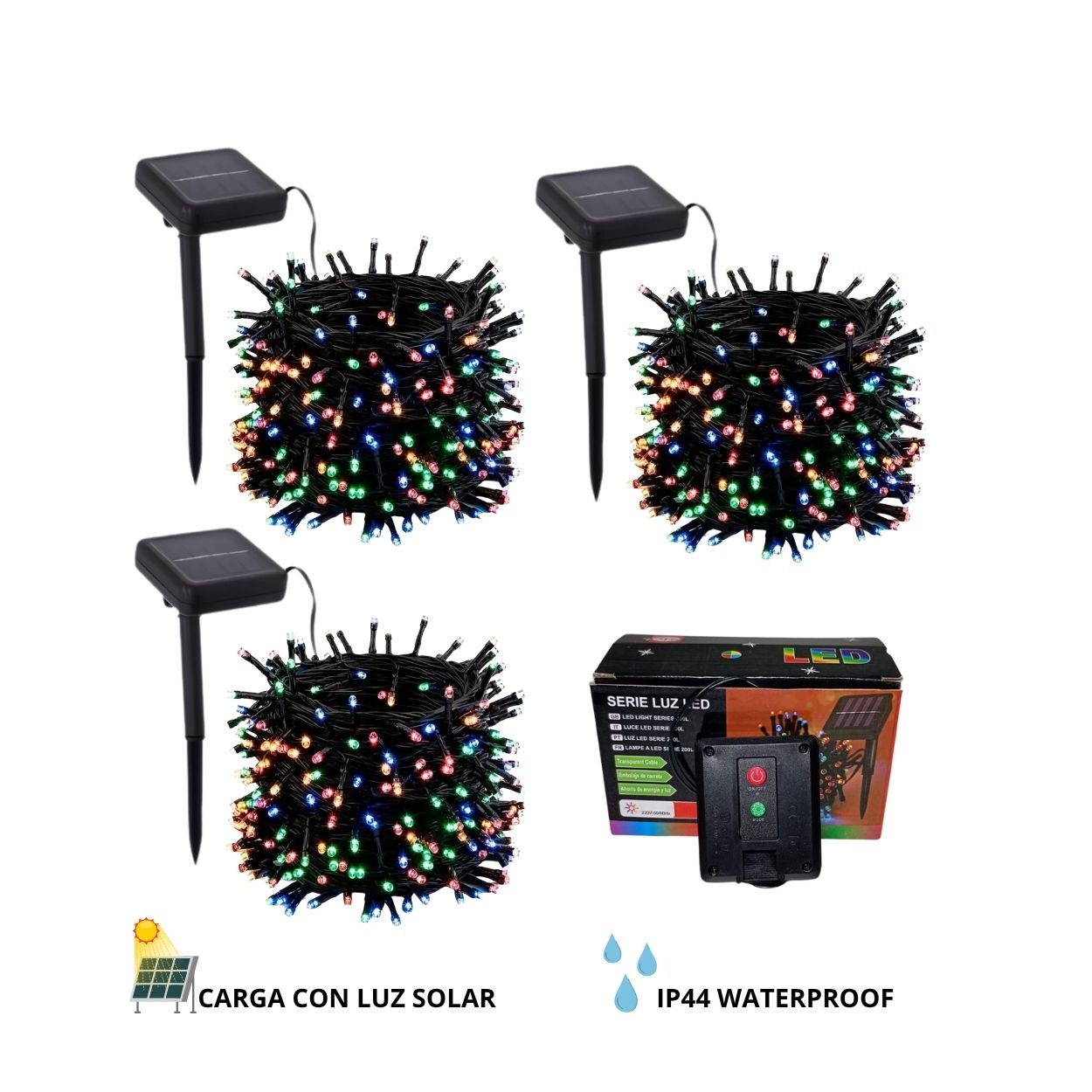 PACK X3 LUCES NAVIDEÑAS MULTICOLOR 10MTS CON PANEL SOLAR - 1