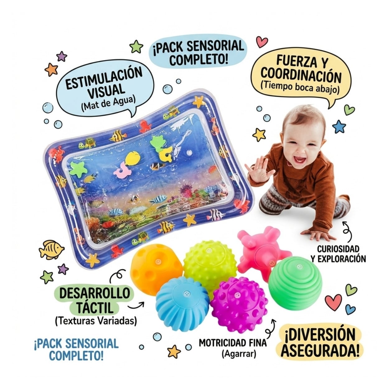 PACK BABY ALFOMBRA RECT SENSORIAL DE AGUA CON PELOTAS COLORIDAS TEXTURIZADAS 6PZS - 2