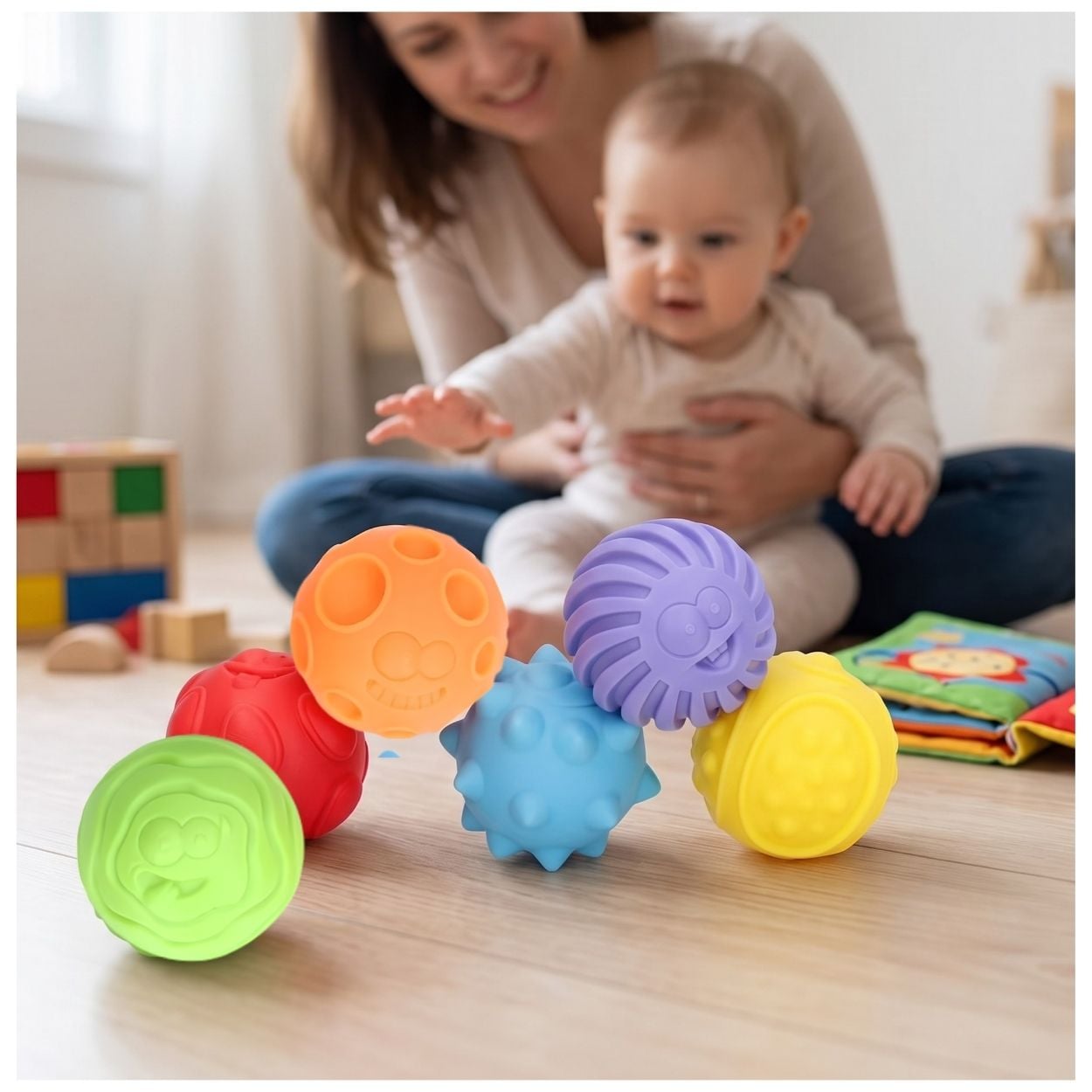 SET 6 PELOTAS SENSORIALES TEXTURIZADAS CARITAS DIVERTIDAS DE COLORES PARA BEBÉ - 1