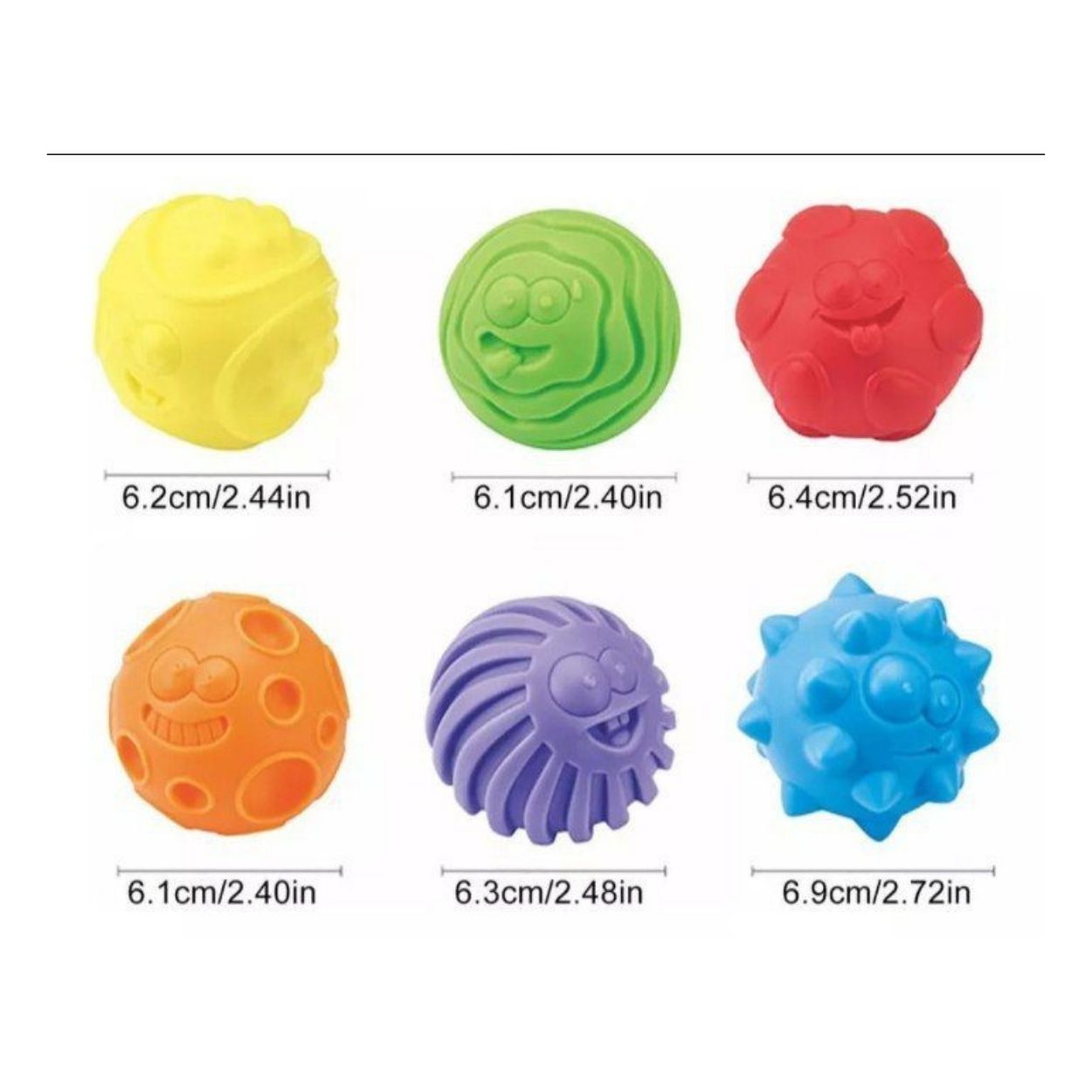 SET 6 PELOTAS SENSORIALES TEXTURIZADAS CARITAS DIVERTIDAS DE COLORES PARA BEBÉ - 2