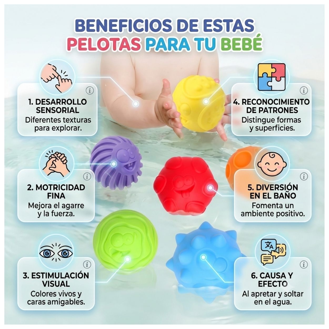 SET 6 PELOTAS SENSORIALES TEXTURIZADAS CARITAS DIVERTIDAS DE COLORES PARA BEBÉ - 3