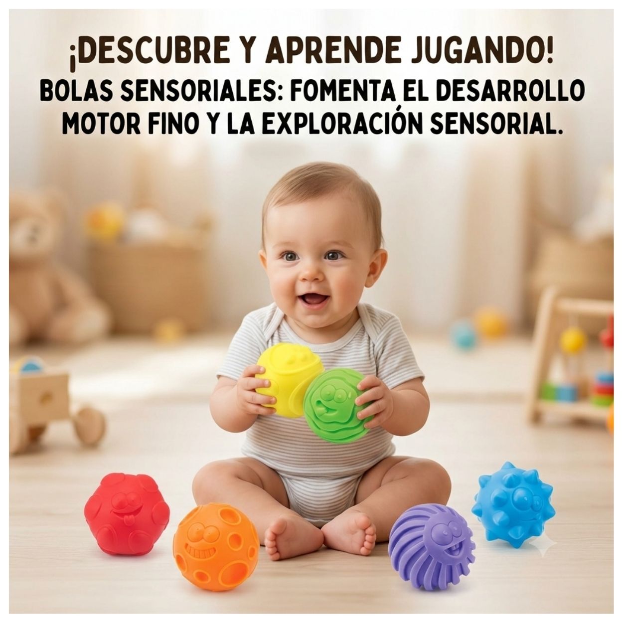 SET 6 PELOTAS SENSORIALES TEXTURIZADAS CARITAS DIVERTIDAS DE COLORES PARA BEBÉ - 4