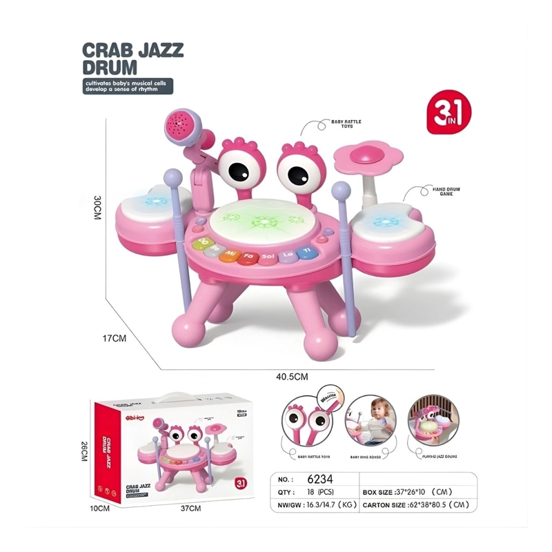 CRAB JAZZ DRUM CANGREJO BATERÍA JUGUETE MUSICAL 3 EN 1 PARA BEBÉ NIÑA - 2