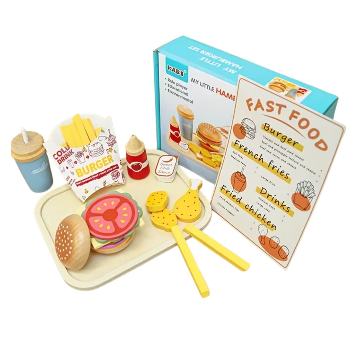 SET DIDÁCTICO DE COMIDA RÁPIDA Y HAMBURGUESAS DE MADERA - 1