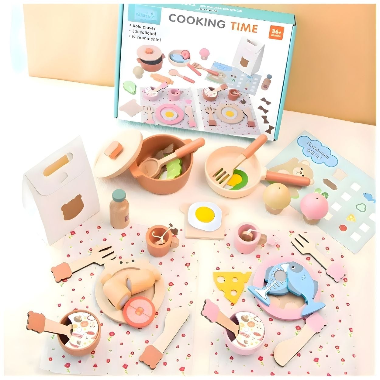 SET DIDÁCTICO DE COCINA CON UTENSILIOS, OLLAS, SARTENES Y COMIDA DE MADERA PARA NIÑOS - 1