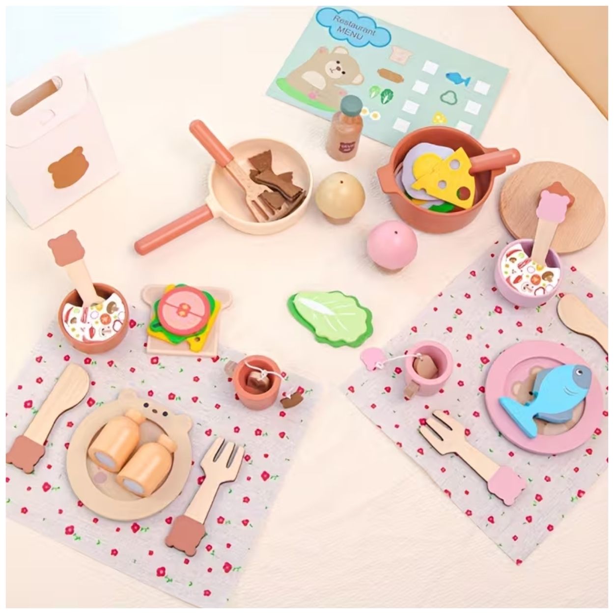 SET DIDÁCTICO DE COCINA CON UTENSILIOS, OLLAS, SARTENES Y COMIDA DE MADERA PARA NIÑOS - 2