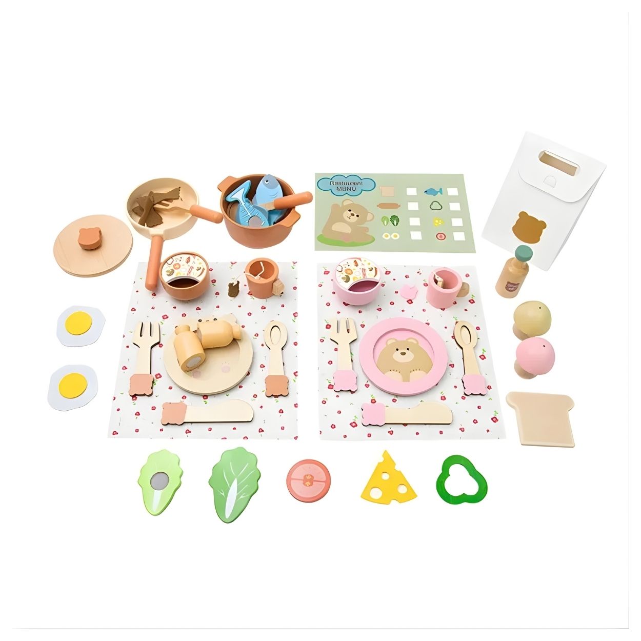 SET DIDÁCTICO DE COCINA CON UTENSILIOS, OLLAS, SARTENES Y COMIDA DE MADERA PARA NIÑOS - 4