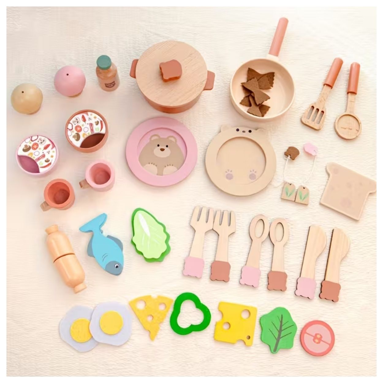 SET DIDÁCTICO DE COCINA CON UTENSILIOS, OLLAS, SARTENES Y COMIDA DE MADERA PARA NIÑOS - 5