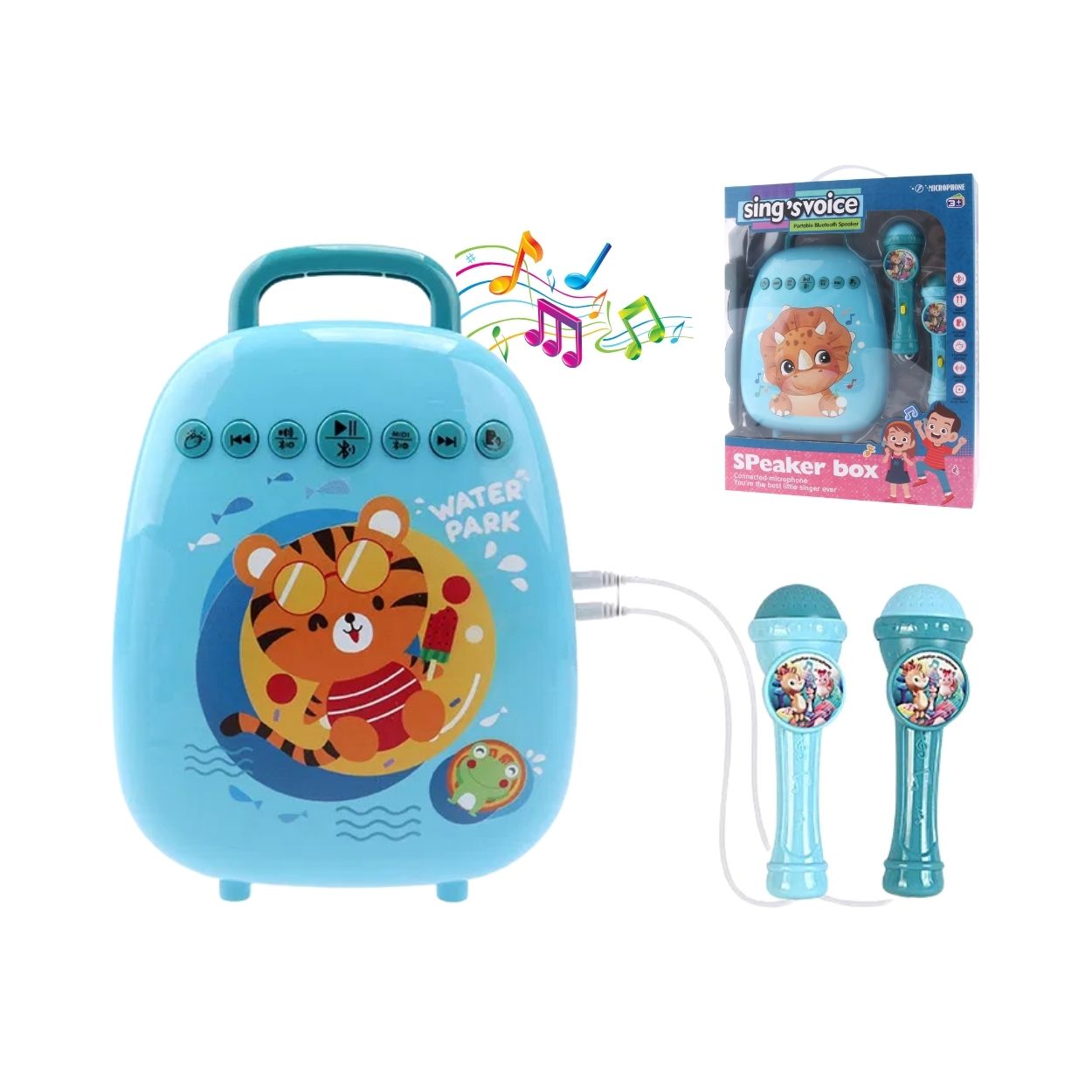 SET INTERACTIVO PARLANTE KARAOKE INFANTIL CON 2 MICRÓFONOS - CELESTE - CONECTIVIDAD BLUETOOTH - 1