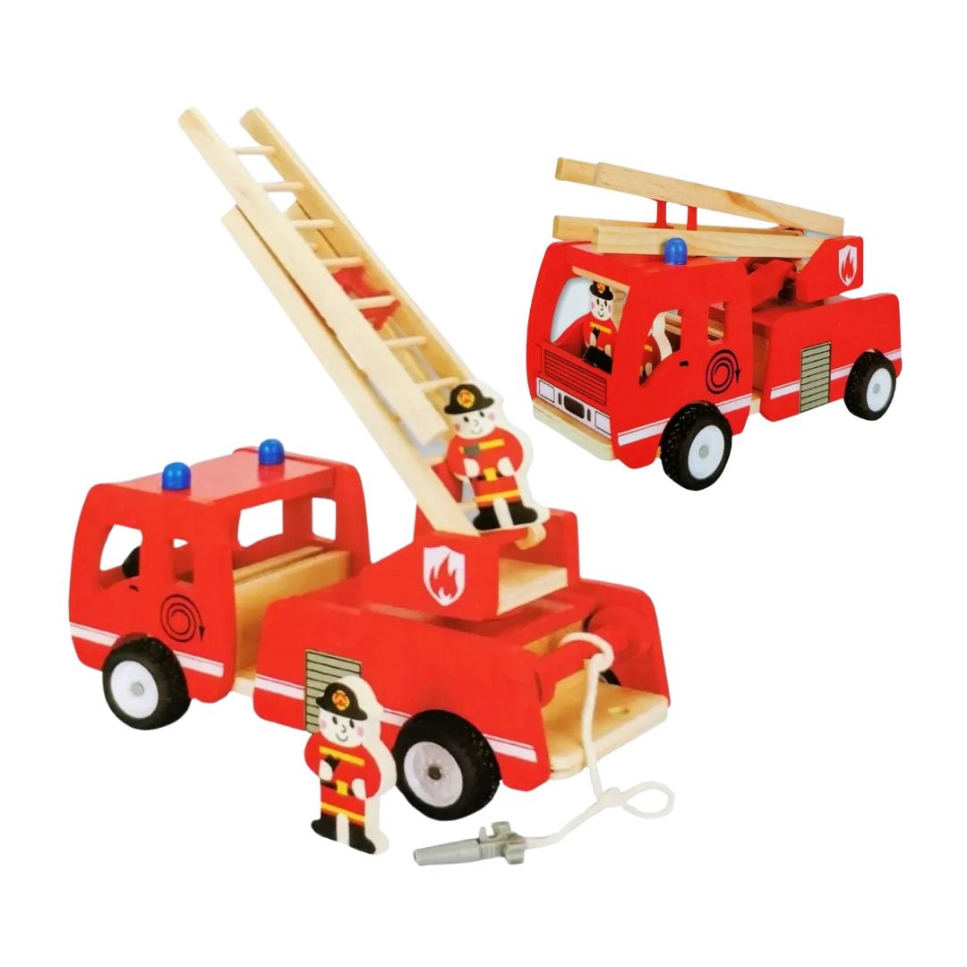 JUGUETE CAMIÓN DE BOMBEROS MADERA CON FIGURAS Y ESCALERA - 1