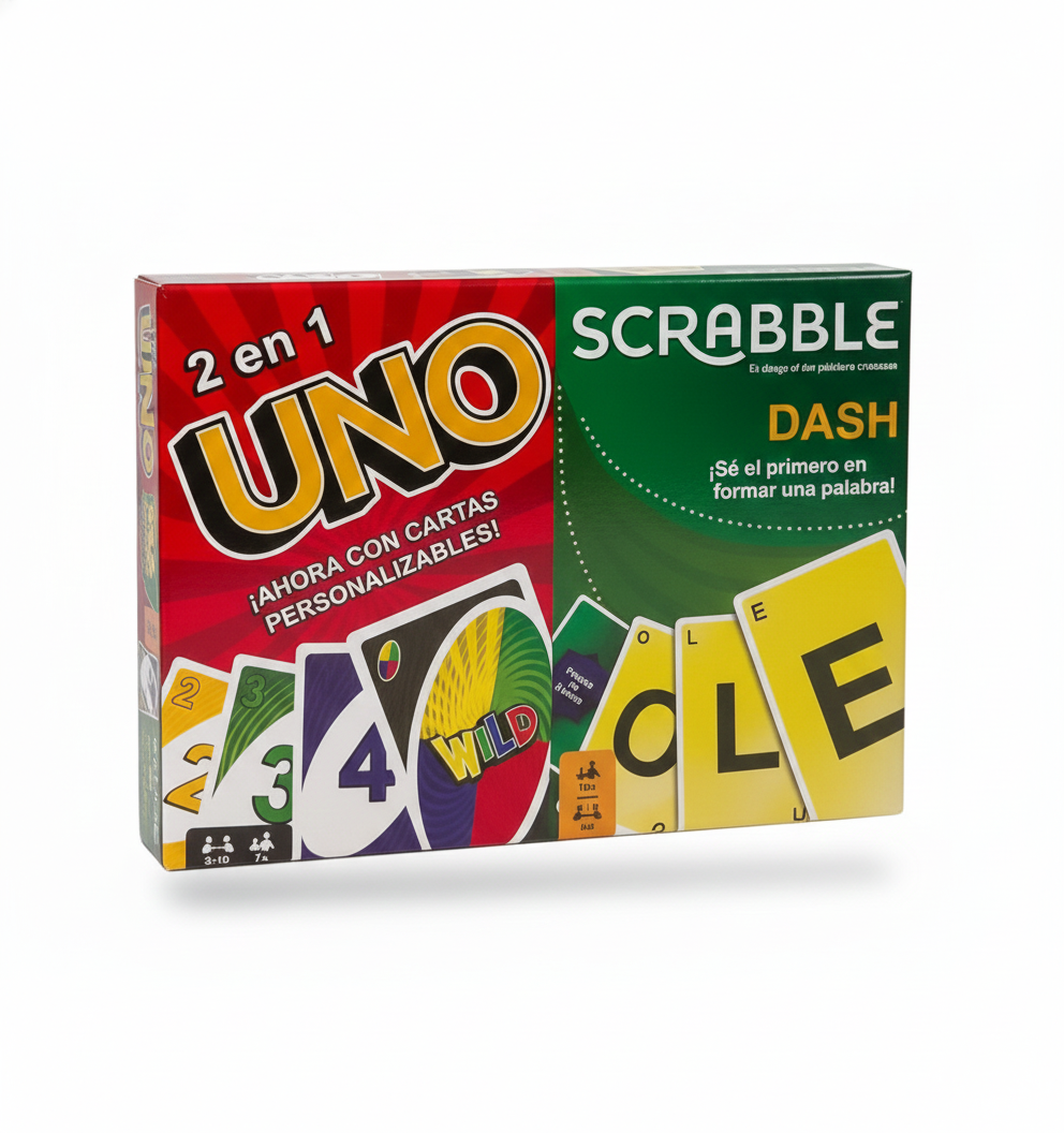 DUO PACK JUEGOS DE CARTAS UNO Y SCRABBLE DASH EDUCATIVO FAMILIAR - 1