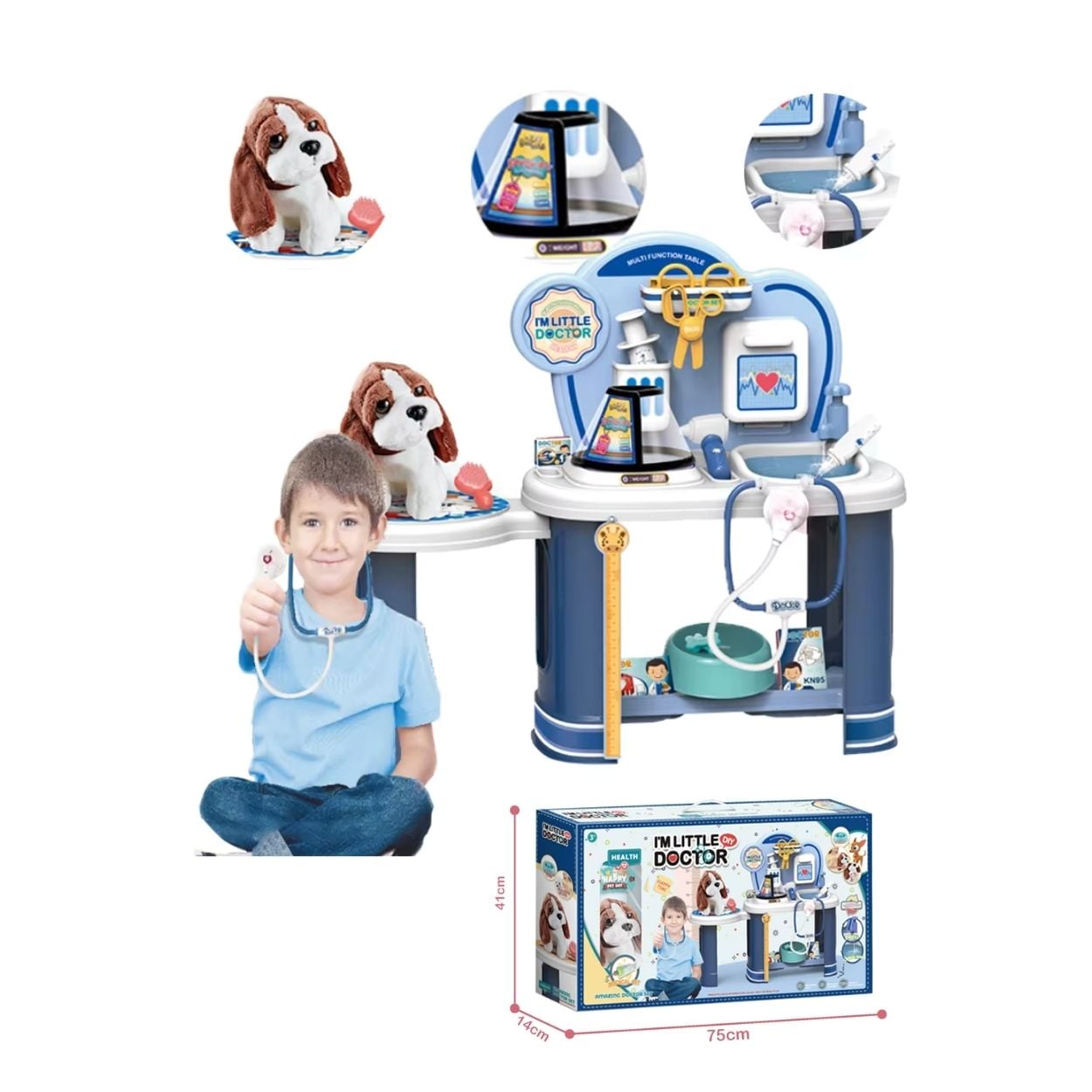 JUGUETE DIDÁCTICO SET DE VETERINARIA Y DOCTOR PARA NIÑOS CON PERRITO PELUCHE- CELESTE - 4