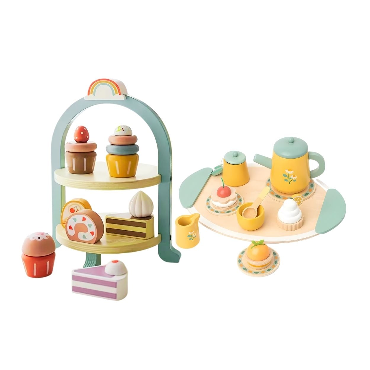 SET JUEGO DE TÉ AMARILLO DE MADERA CON SOPORTE DE POSTRES MONTESSORI - 1
