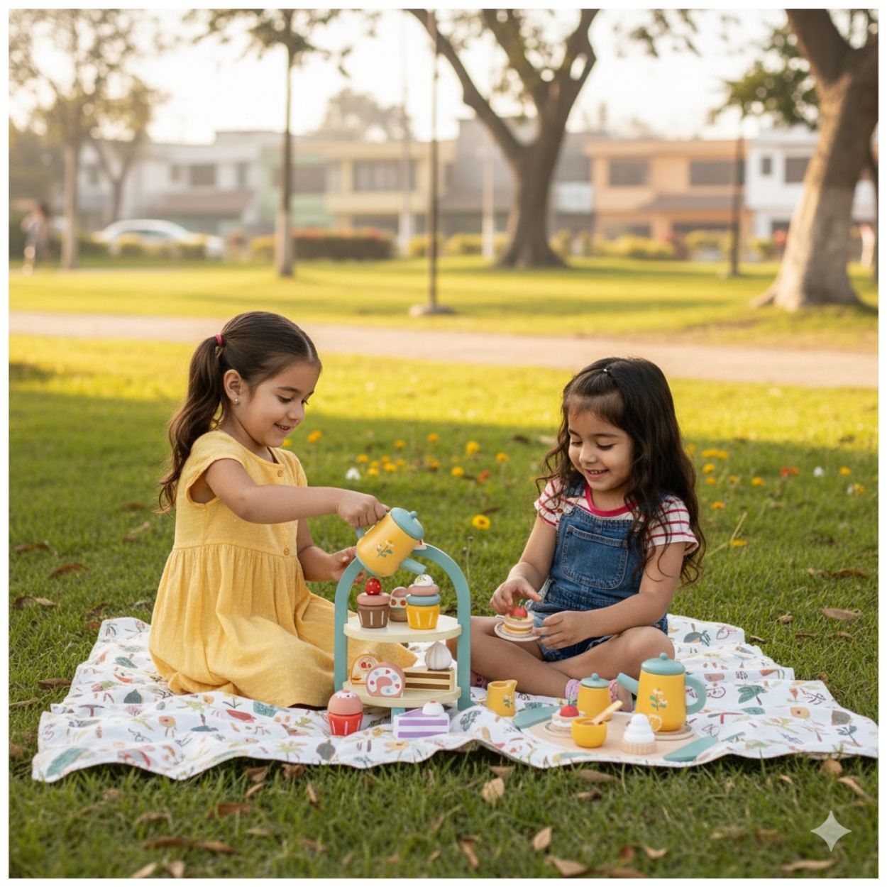SET JUEGO DE TÉ AMARILLO DE MADERA CON SOPORTE DE POSTRES MONTESSORI - 2