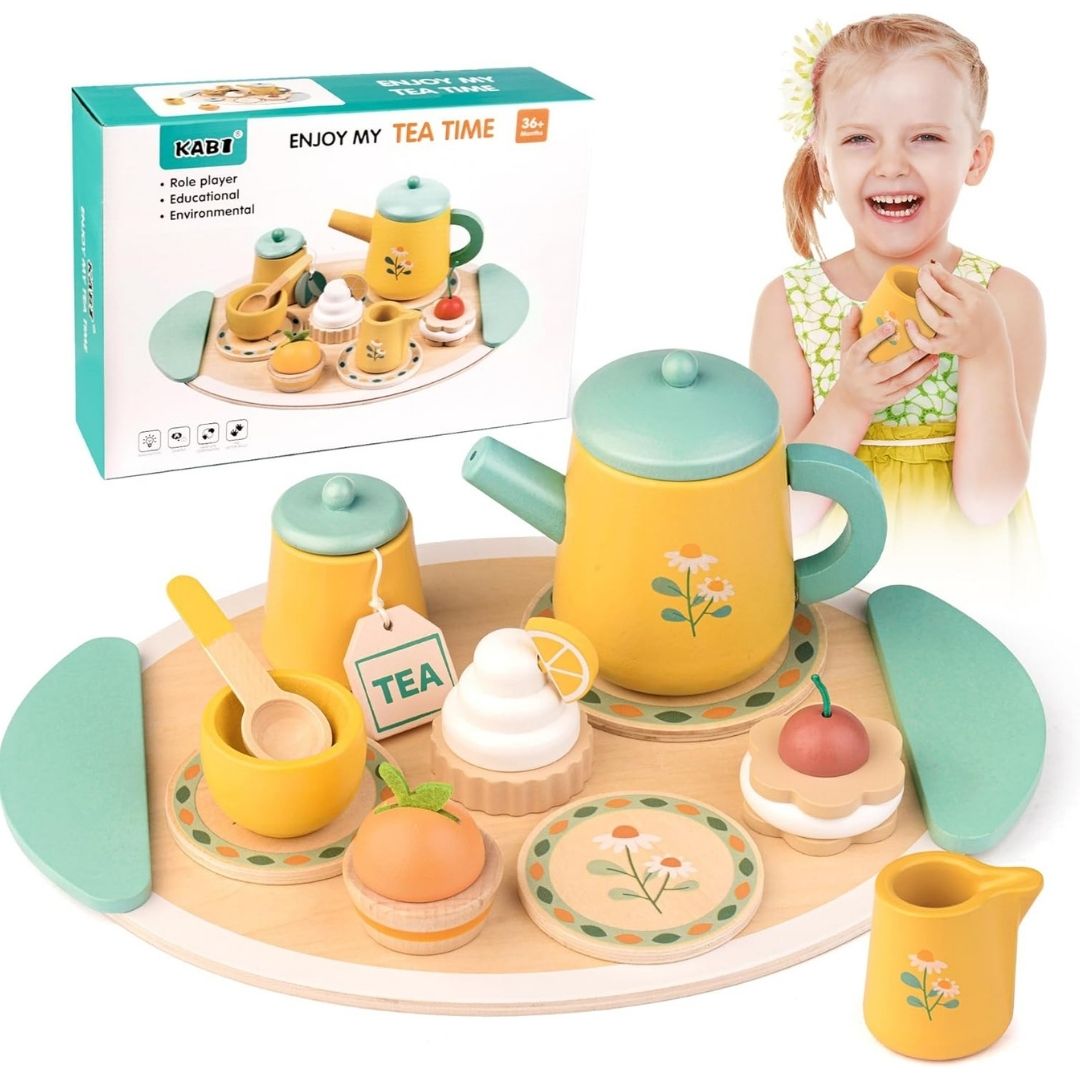 SET JUEGO DE TÉ AMARILLO DE MADERA CON SOPORTE DE POSTRES MONTESSORI - 3