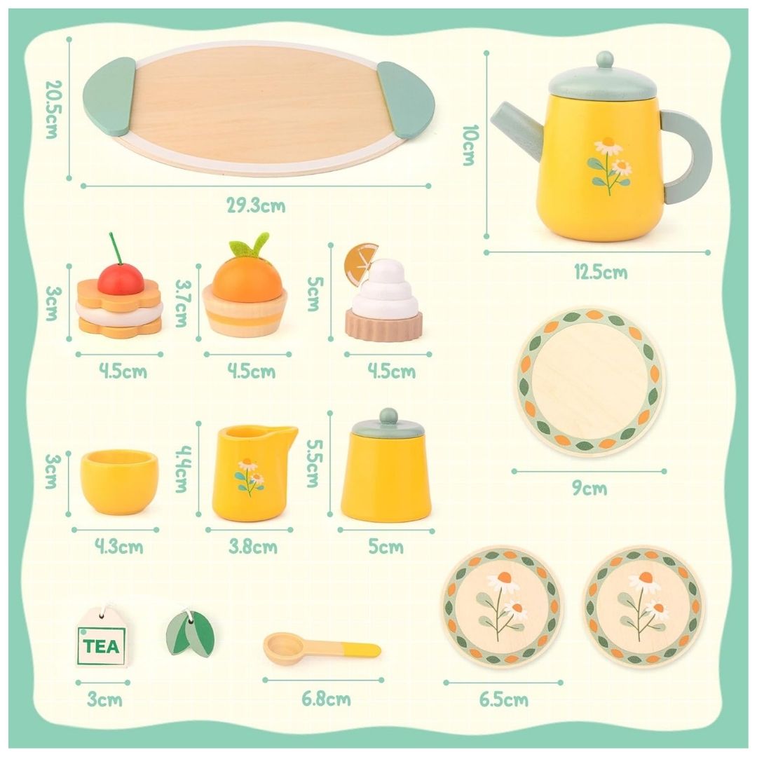 SET JUEGO DE TÉ AMARILLO DE MADERA CON SOPORTE DE POSTRES MONTESSORI - 4