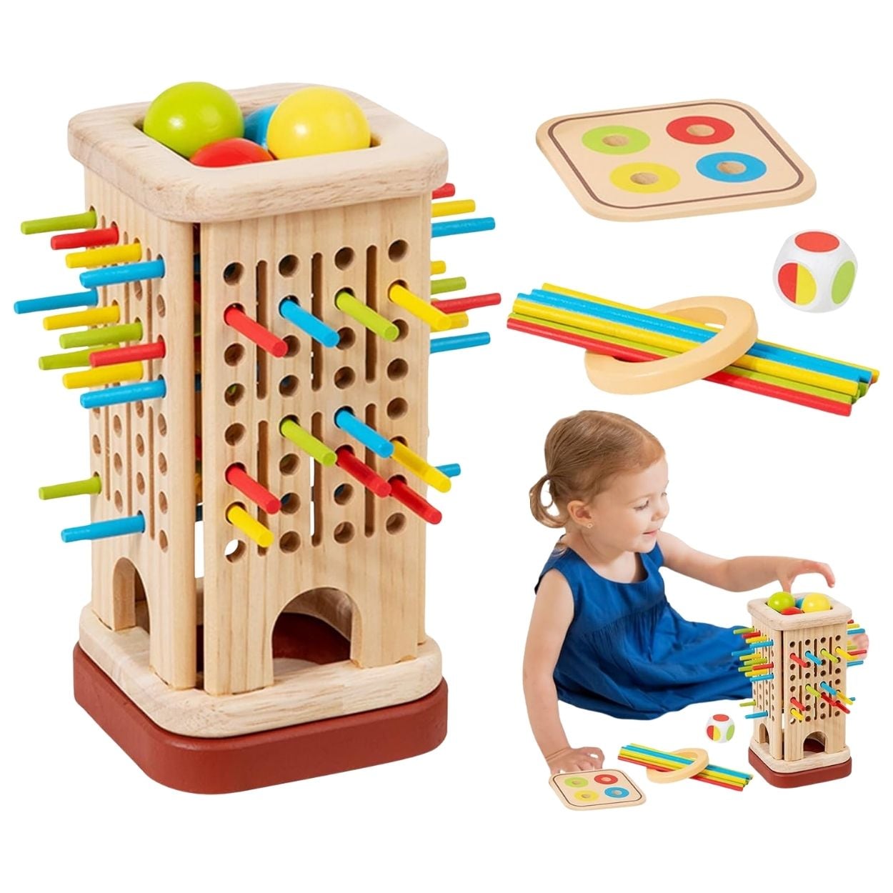 JUEGO DE HABILIDADES TORRE MULTIFUNCIONAL DE MADERA CON PALITOS DE COLORES - 1