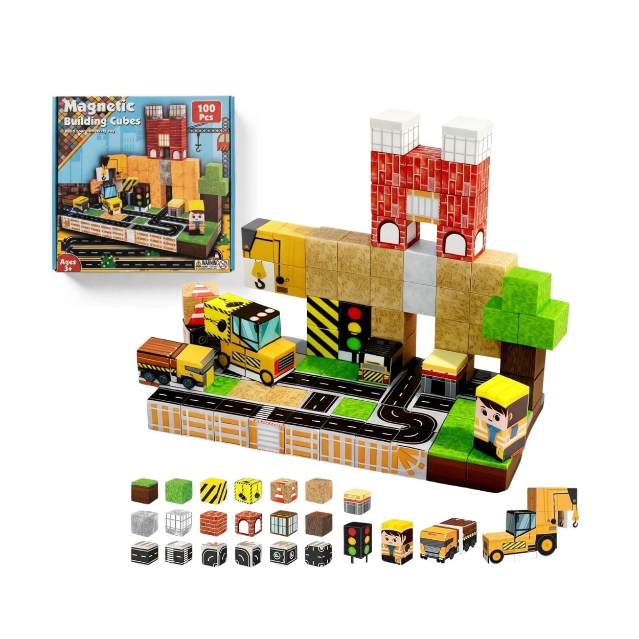 CUBOS MAGNÉTICOS DE CONSTRUCCIÓN CIUDAD Y GRÚA - SET DIDÁCTICO 100 PIEZAS STEM - 1