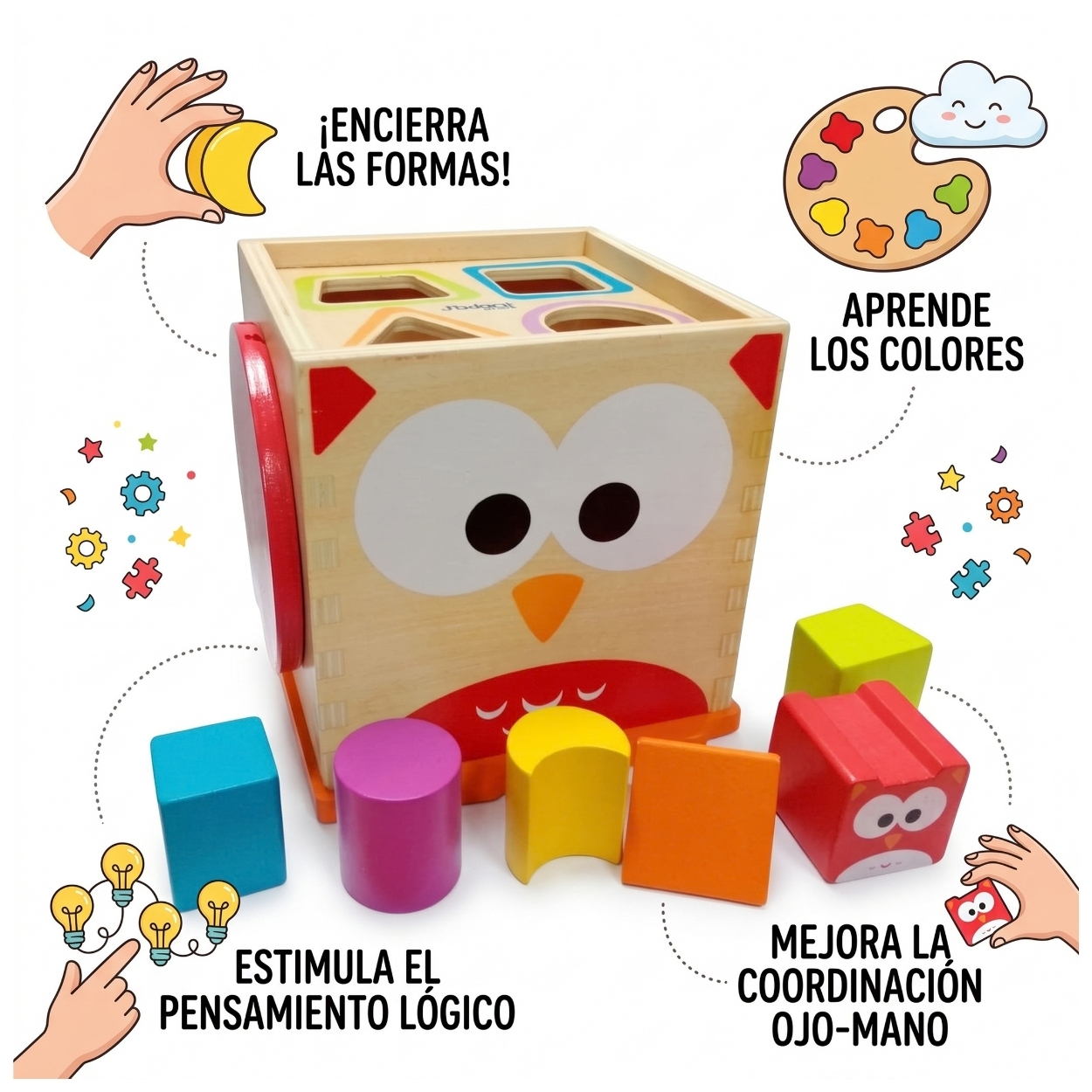 CUBO DE ACTIVIDADES BÚHO DIVERTIDO DE MADERA - ENCAJE Y CLASIFICACIÓN - 5
