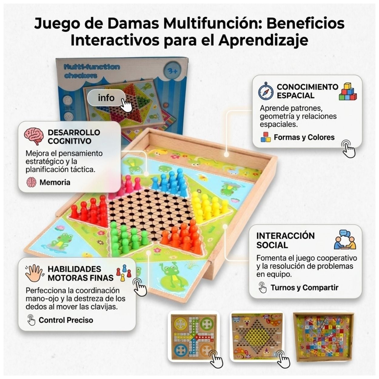 JUEGO DE MESA 4 EN 1 MADERA DIDÁCTICO - DAMAS CHINAS, LUDO Y SERPIENTES PARA NIÑOS Y FAMILIA - 3