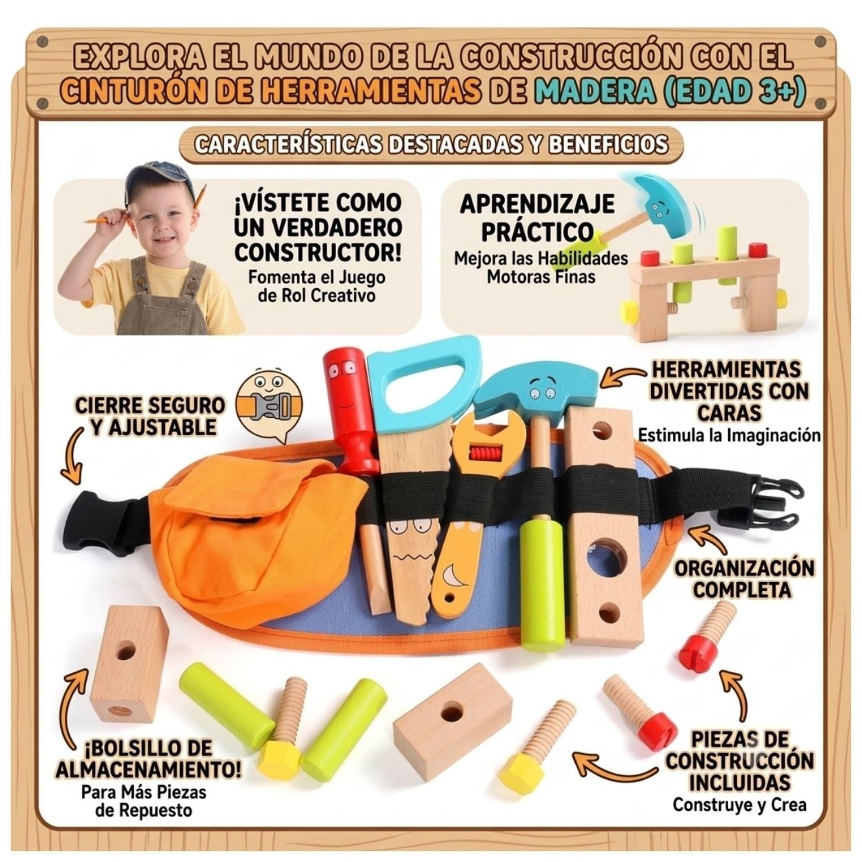 SET DE HERRAMIENTAS CON CINTURÓN AJUSTABLE - JUGUETE MONTESSORI DE MADERA - 2