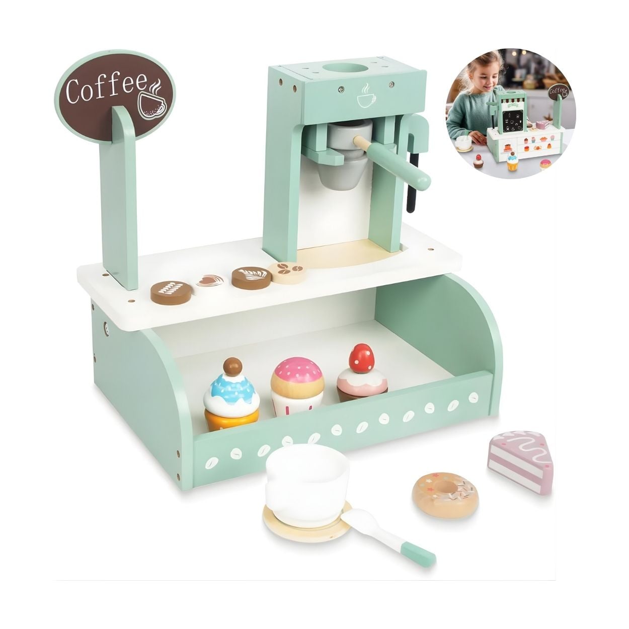 SET DE CAFETERÍA DE MADERA MONTESSORI LATTES Y POSTRES PARA NIÑOS - 1