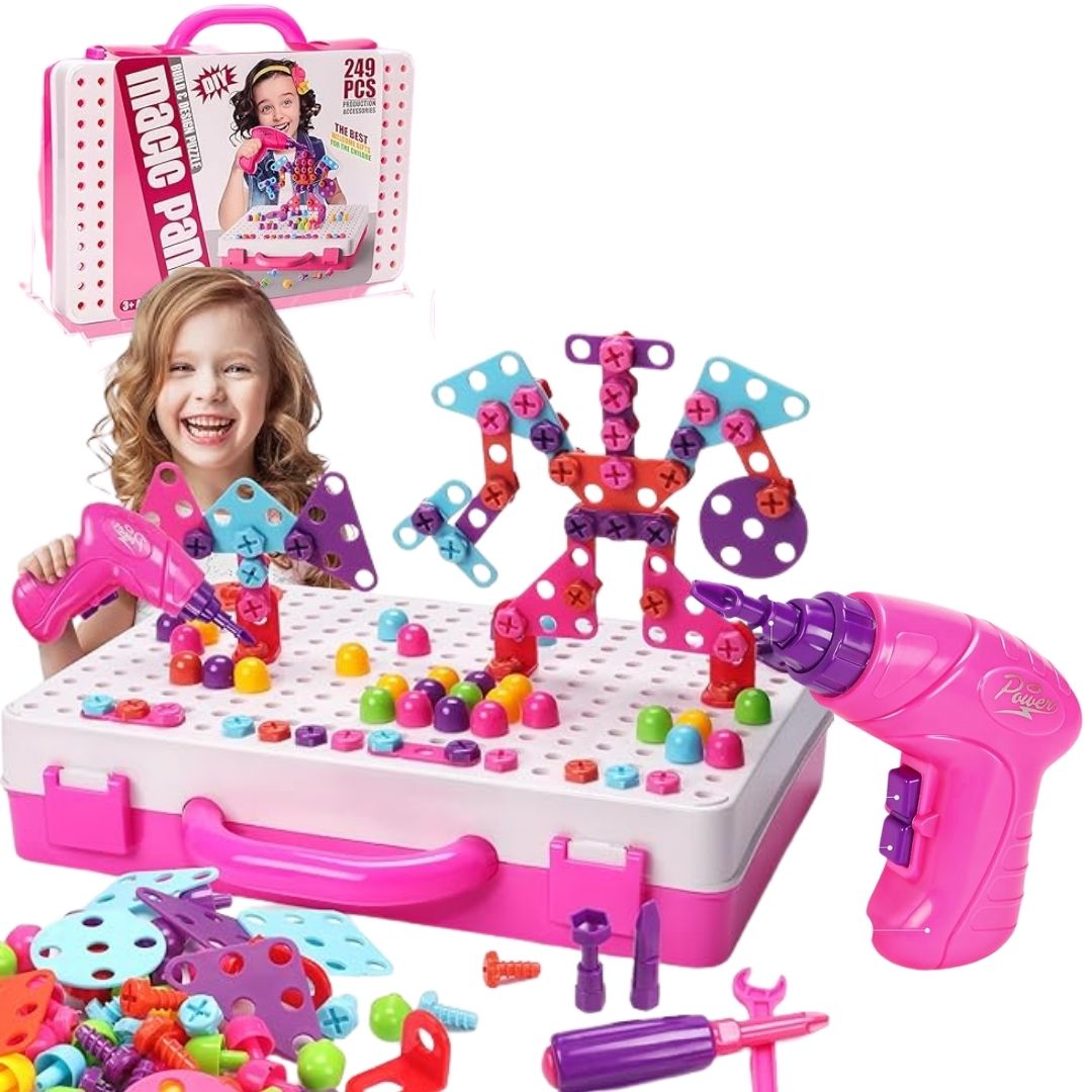 SET DIDÁCTICO MONTESSORI MALETÍN DE HERRAMIENTAS MOSAICO CON TALADRO PARA NIÑAS 249 PCS - 1