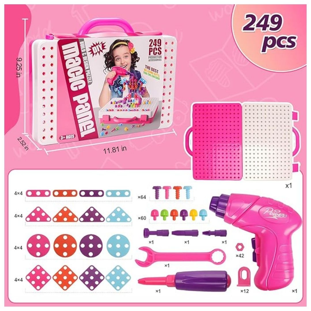 SET DIDÁCTICO MONTESSORI MALETÍN DE HERRAMIENTAS MOSAICO CON TALADRO PARA NIÑAS 249 PCS - 2