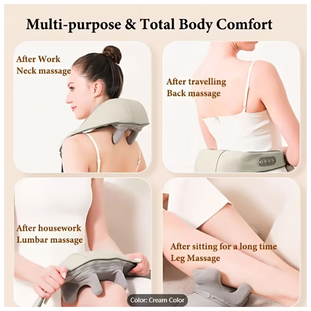 MASAJEADOR DE CUELLO Y HOMBROS ELÉCTRICO PORTÁTIL 2 MODOS Y 3 INTENSIDADES - TIPO SHIATSU - 4