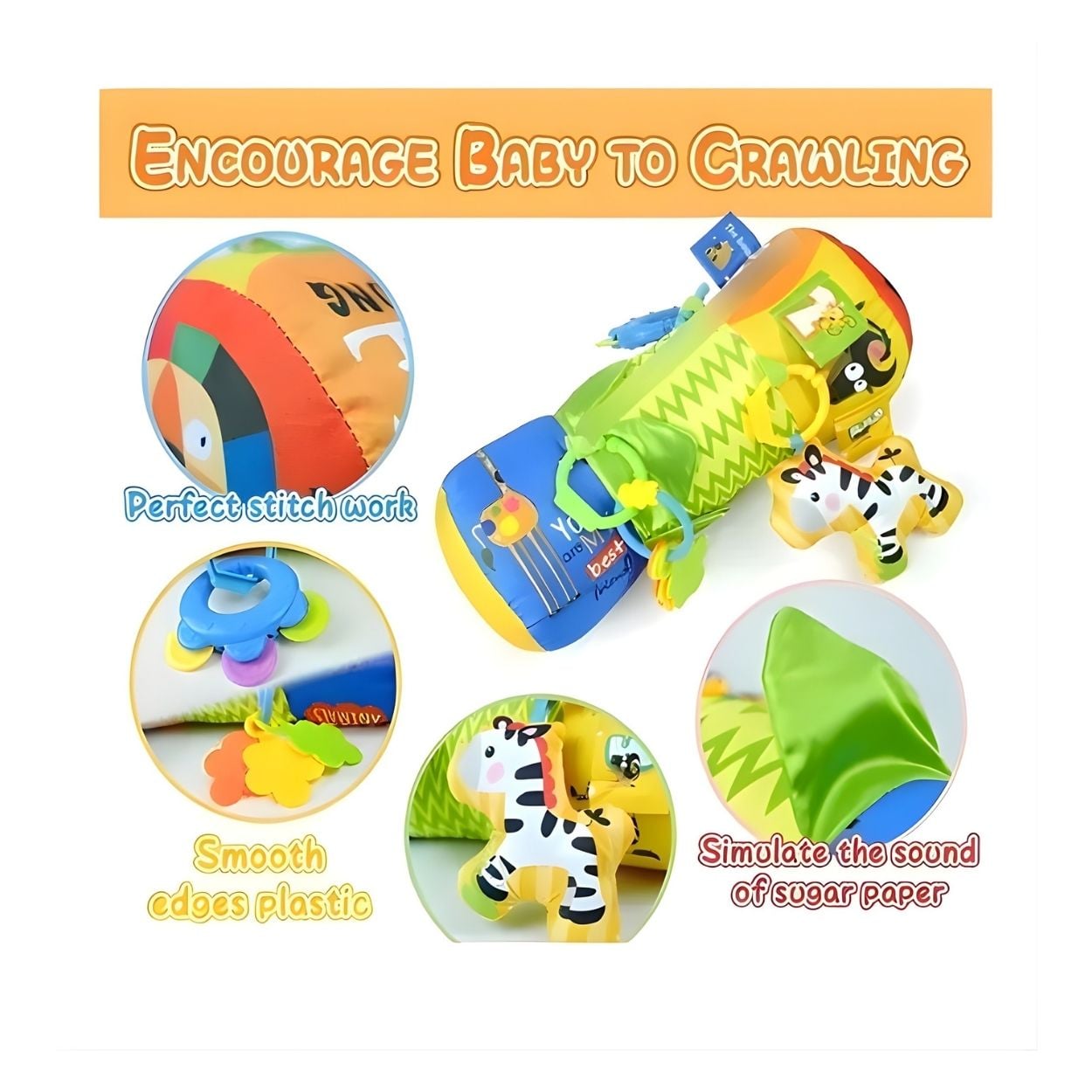 RODILLO DE ESTIMULACIÓN TEMPRANA DE GATEO PARA BEBÉS CON SONAJEROS Y TEXTURAS - 3