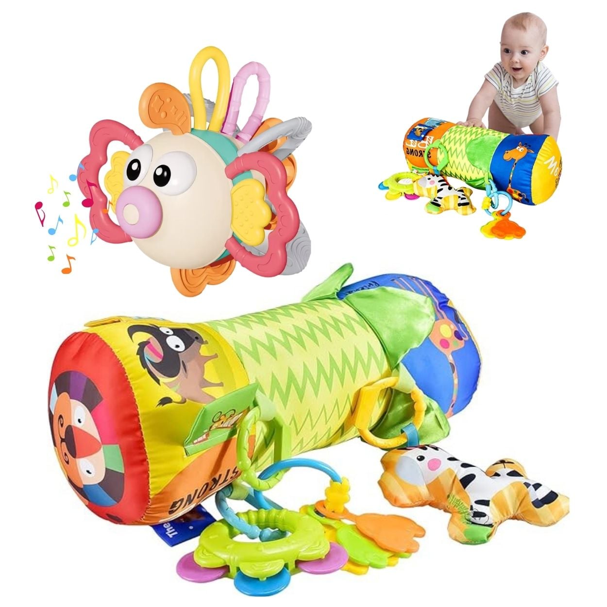 PACK RODILLO DE GATEO SENSORIAL + PEZ SONAJERO MOLAR PARA BEBÉS - 1