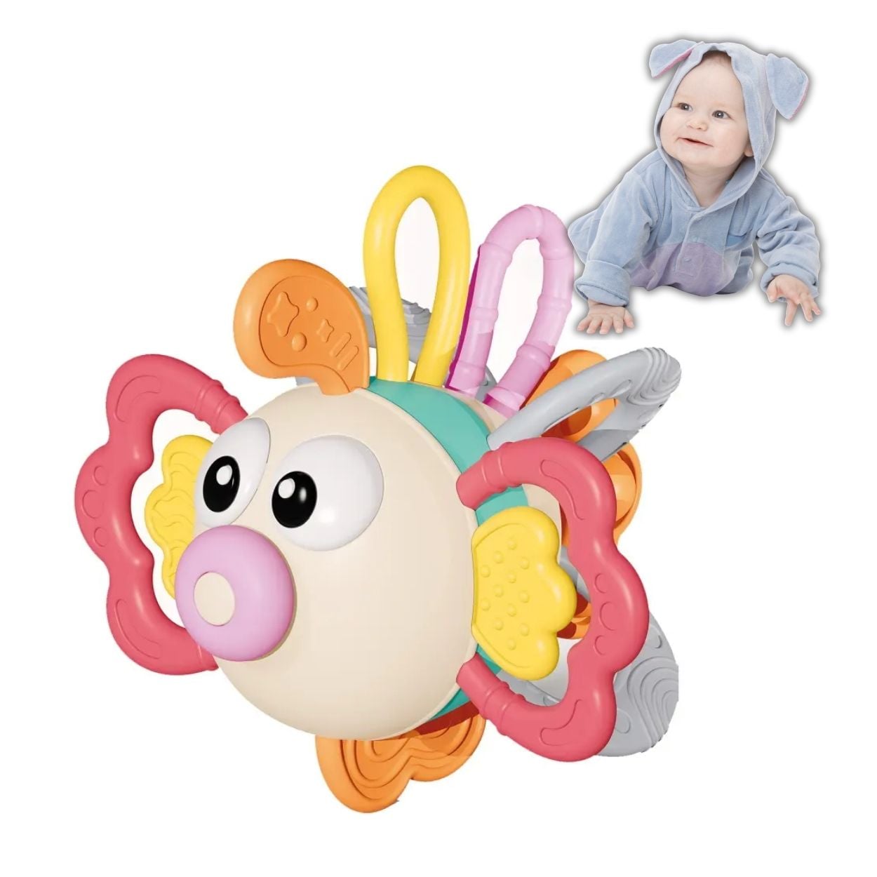 JUGUETE SONAJERO MOLAR SENSORIAL PEZ GLOBO POP IT 3 EN 1 PARA BEBÉS - 2