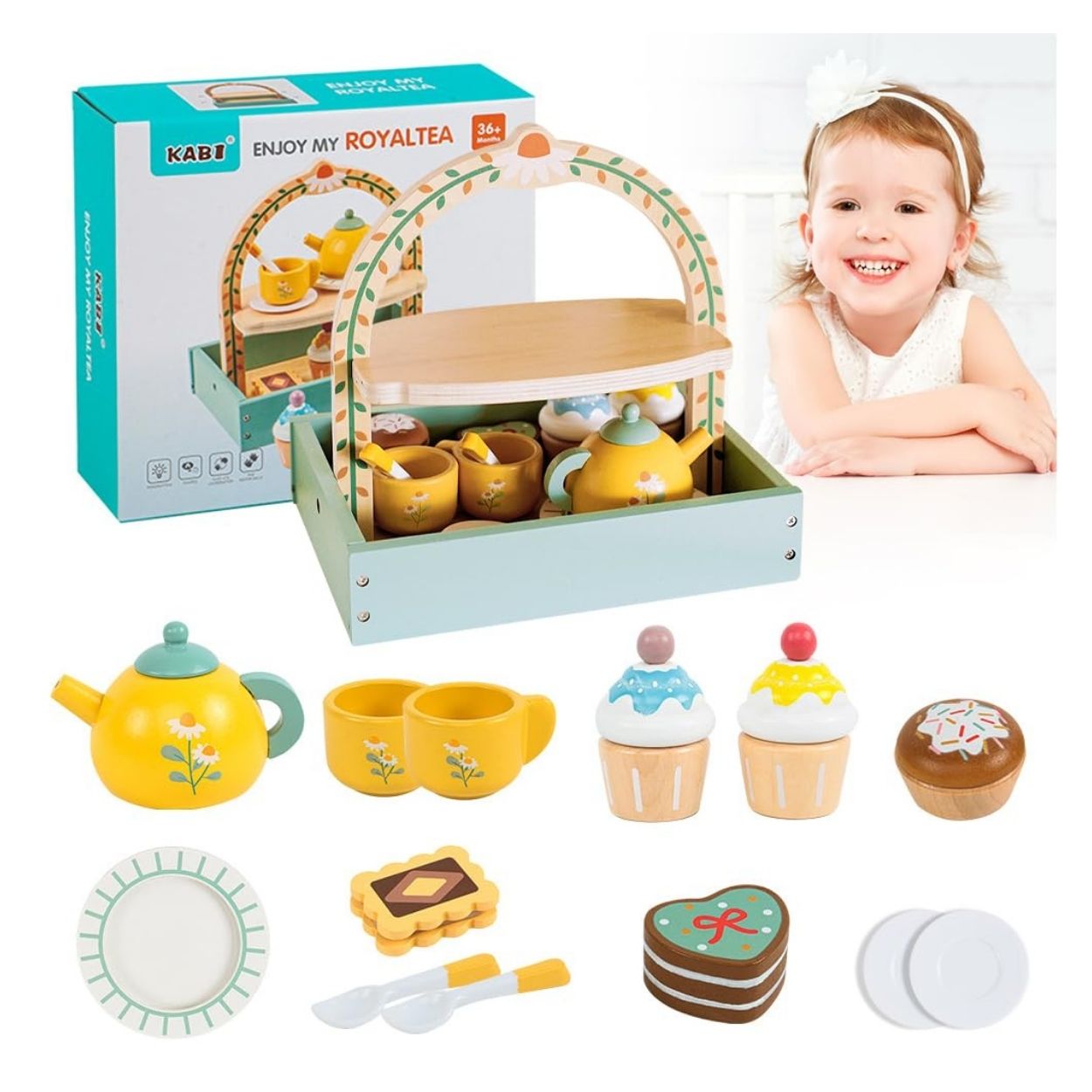 JUEGO INFANTIL DE TÉ AMARILLO Y PASTELERÍA DE MADERA CON SOPORTE - MONTESSORI 28 PCS - 1