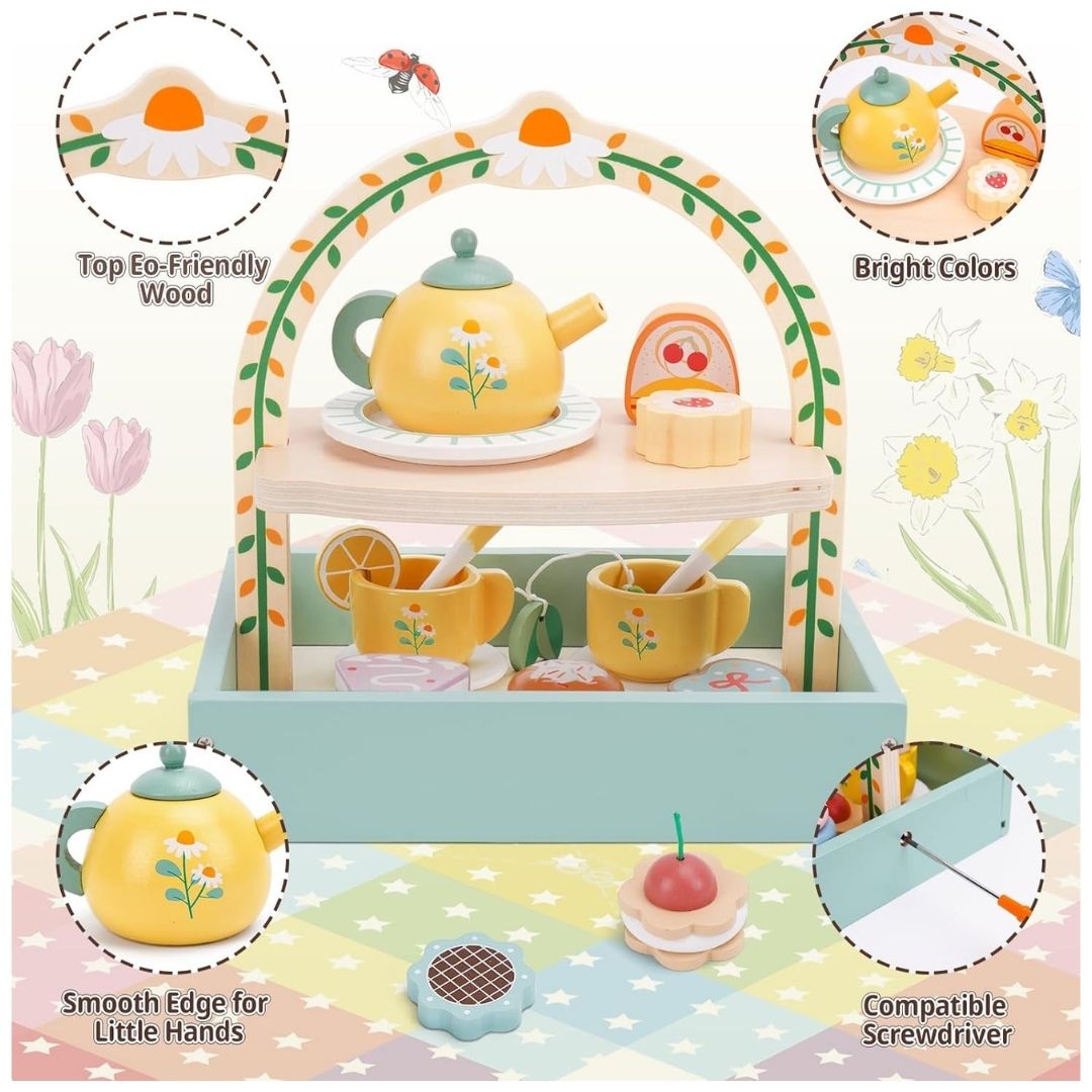 JUEGO INFANTIL DE TÉ AMARILLO Y PASTELERÍA DE MADERA CON SOPORTE - MONTESSORI 28 PCS - 3