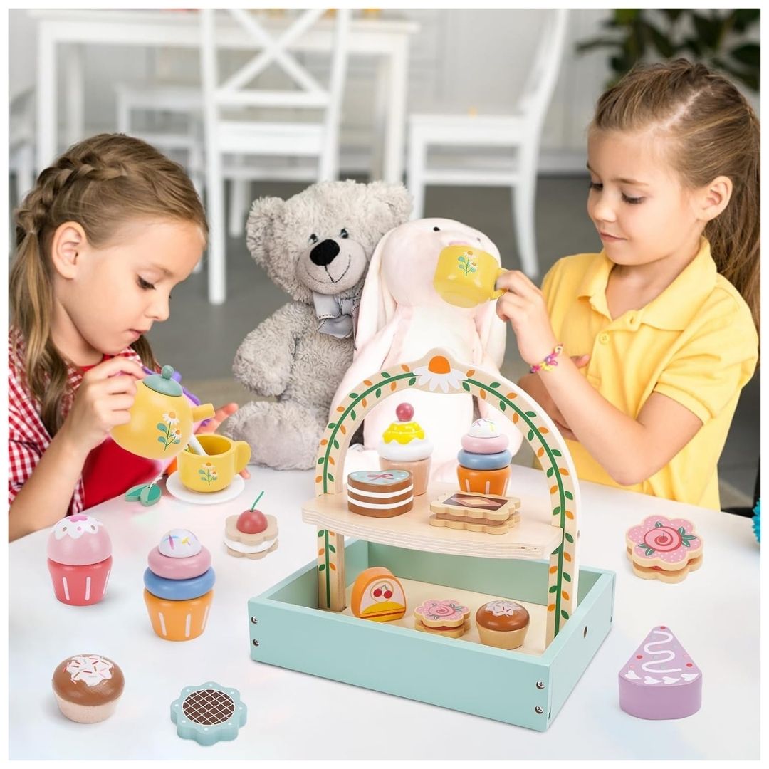 JUEGO INFANTIL DE TÉ AMARILLO Y PASTELERÍA DE MADERA CON SOPORTE - MONTESSORI 28 PCS - 4