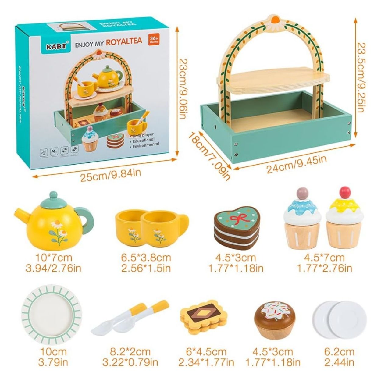JUEGO INFANTIL DE TÉ AMARILLO Y PASTELERÍA DE MADERA CON SOPORTE - MONTESSORI 28 PCS - 5
