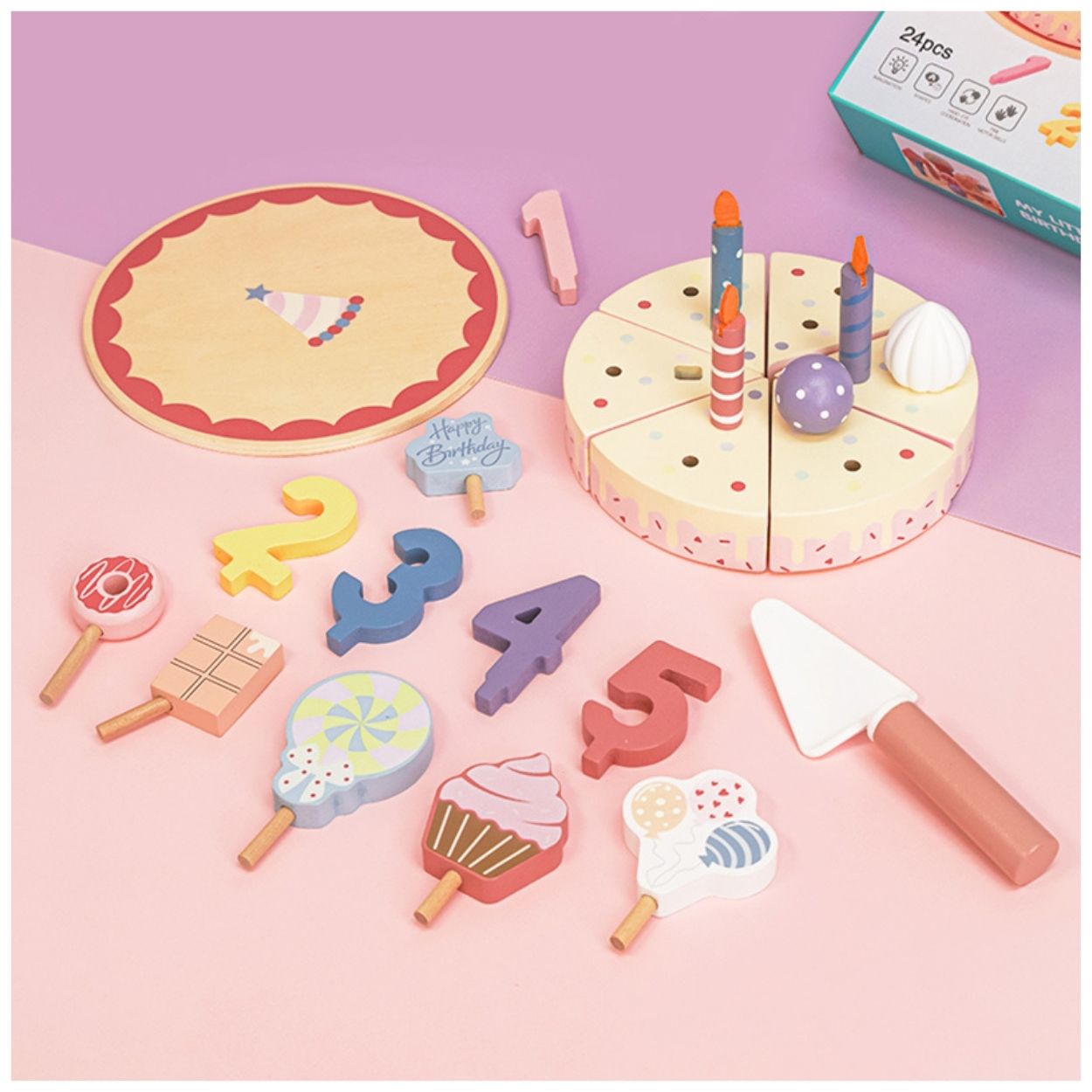 TORTA DE CUMPLEAÑOS ARMABLE DE MADERA EN COLOR ROSA - JUGUETE DIDÁCTICO - 2