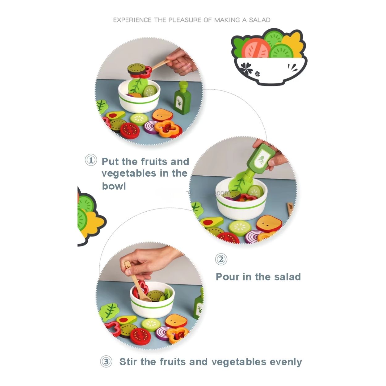 JUGUETE DE MADERA MONTESSORI ENSALADA DE VEGETALES Y FRUTAS PARA NIÑOS - 3