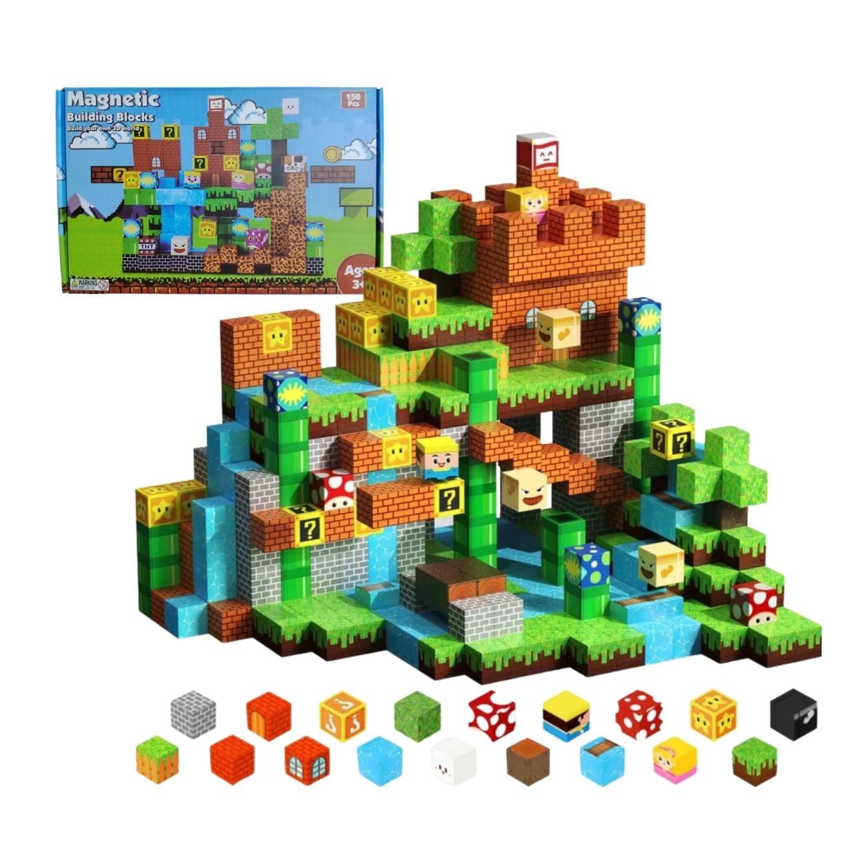 SET CUBOS MAGNÉTICOS DE CONSTRUCCIÓN 3D COMPATIBLE CON MUNDO MINECRAFT MARIO BROS 150 PZS - 1