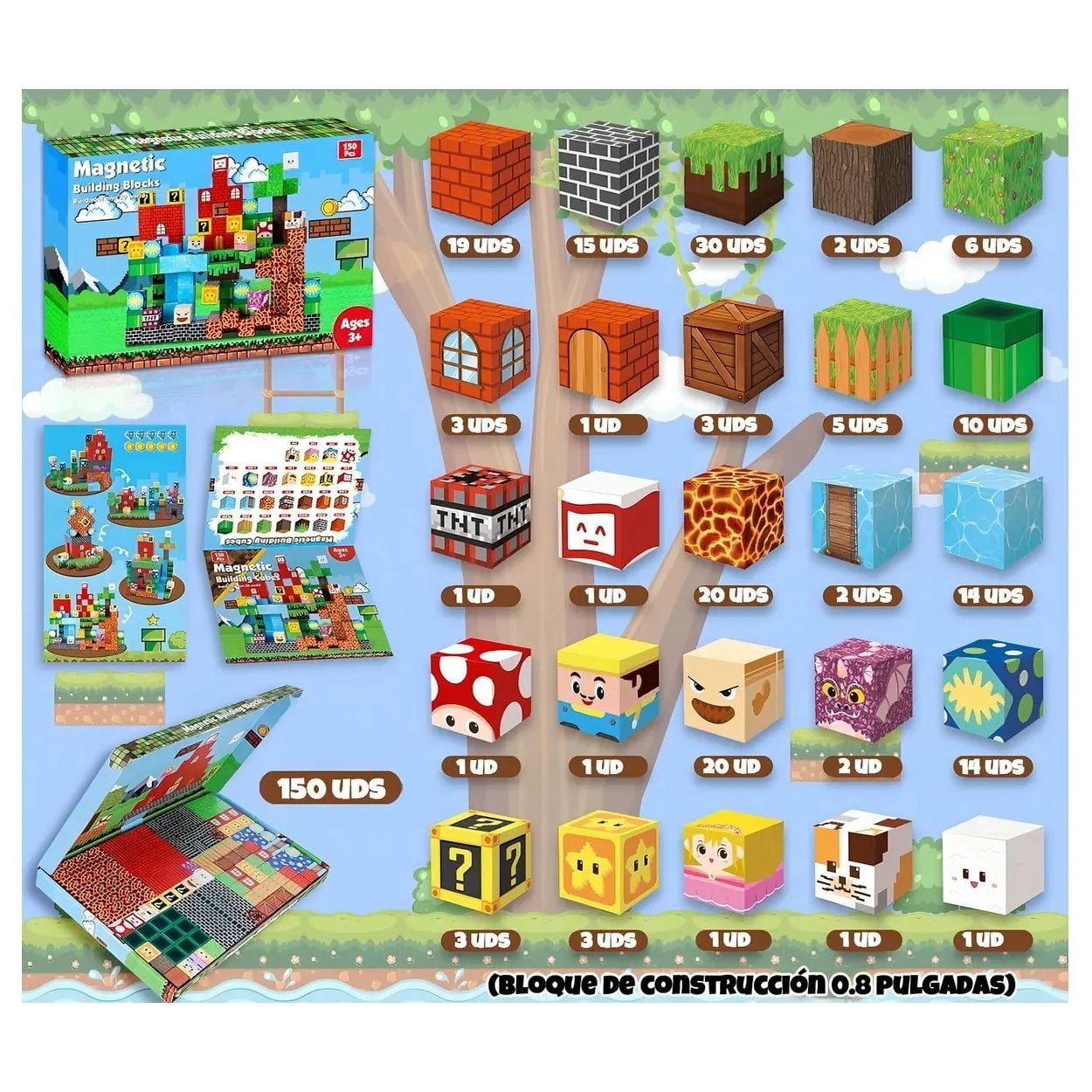SET CUBOS MAGNÉTICOS DE CONSTRUCCIÓN 3D COMPATIBLE CON MUNDO MINECRAFT MARIO BROS 150 PZS - 2