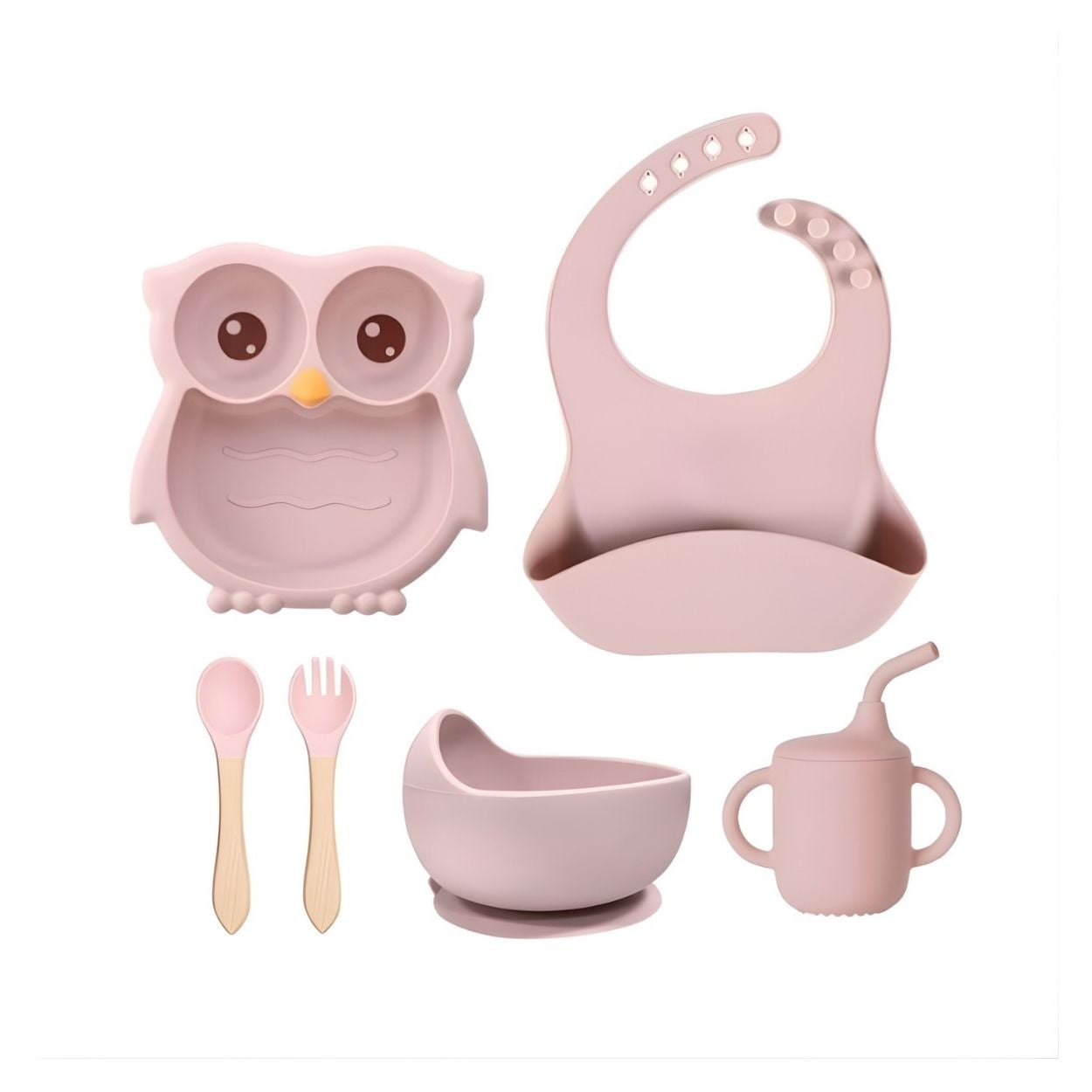 SET DE ALIMENTACIÓN PARA BEBÉ DISEÑO BUHITO 6 PIEZAS - PALO ROSA - 1