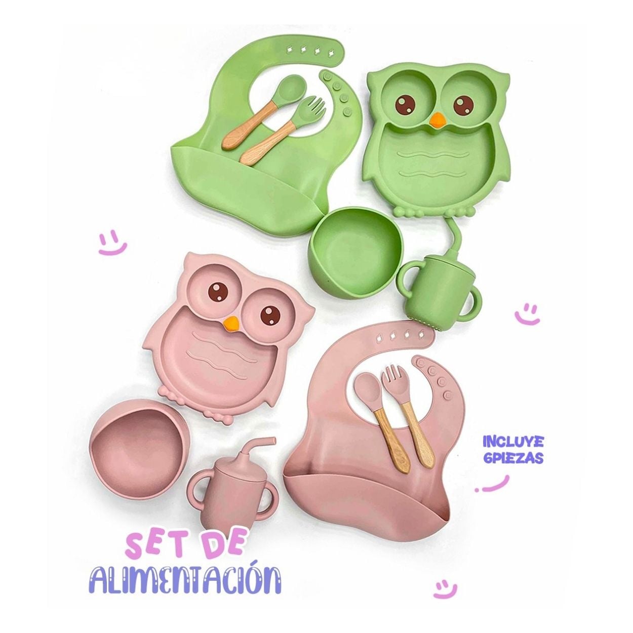 SET DE ALIMENTACIÓN PARA BEBÉ DISEÑO BUHITO 6 PIEZAS - PALO ROSA - 2