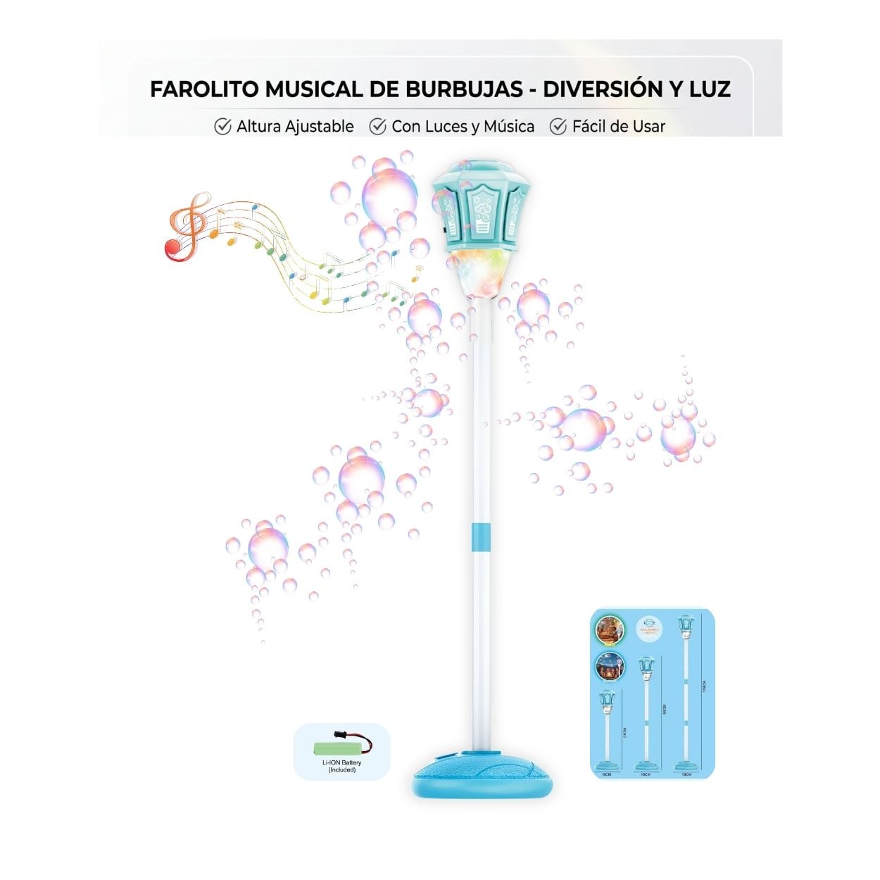 JUGUETE BURBUJERO ANTORCHA FAROL MUSICAL CON LUCES LED PARA NIÑOS - ALTURA AJUSTABLE - 1