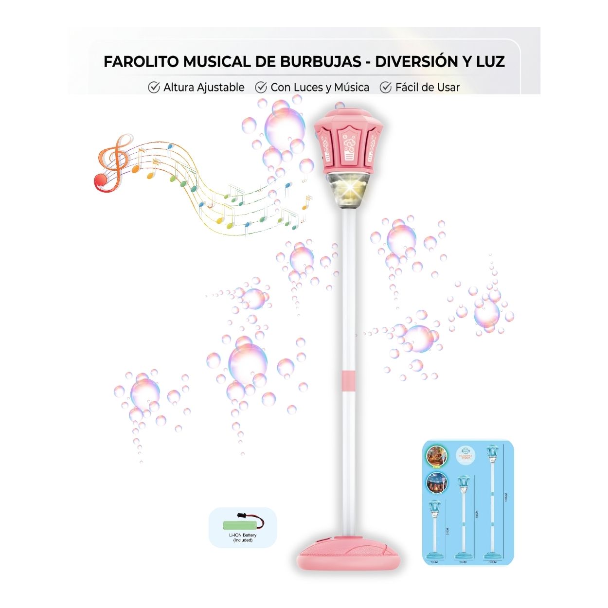 JUGUETE BURBUJERO ANTORCHA FAROL MUSICAL CON LUCES LED PARA NIÑAS - ALTURA AJUSTABLE - 1