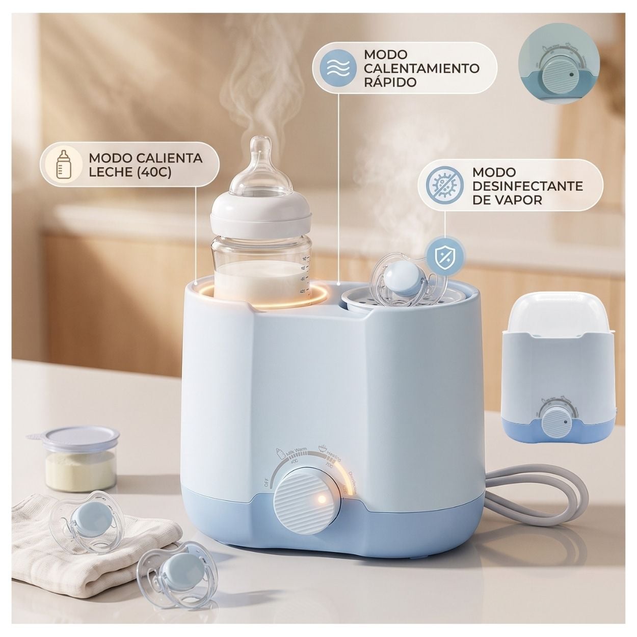 ESTERILIZADOR ELÉCTRICO Y CALENTADOR DE BIBERONES DOBLE MULTIFUNCIÓN 5 EN 1 - CELESTE - 1