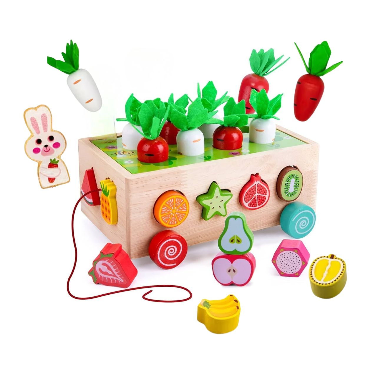 CARRITO DE MADERA DIDÁCTICO MONTESSORI - JUEGO DE COSECHA DE ZANAHORIAS Y PESCA - 1