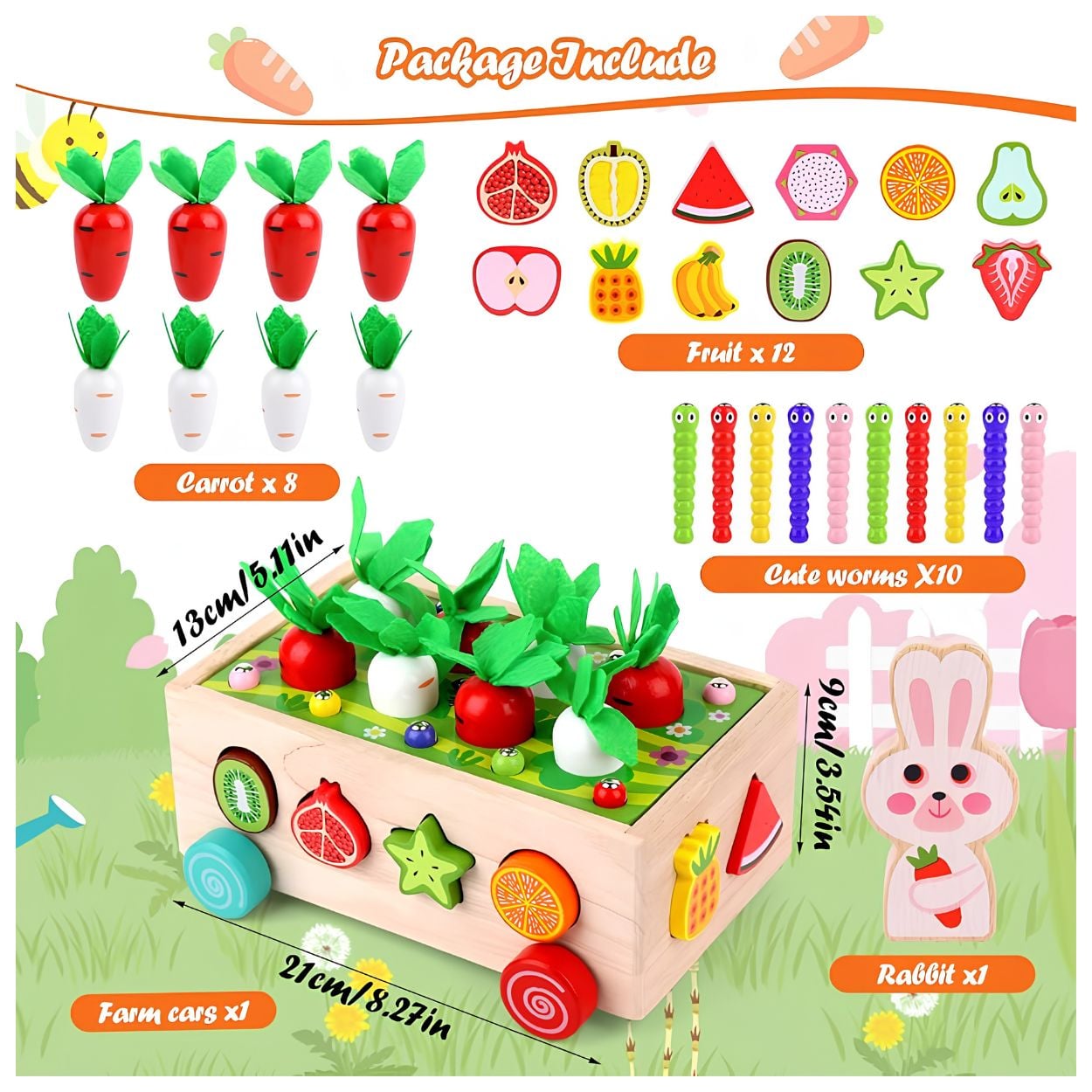 CARRITO DE MADERA DIDÁCTICO MONTESSORI - JUEGO DE COSECHA DE ZANAHORIAS Y PESCA - 2