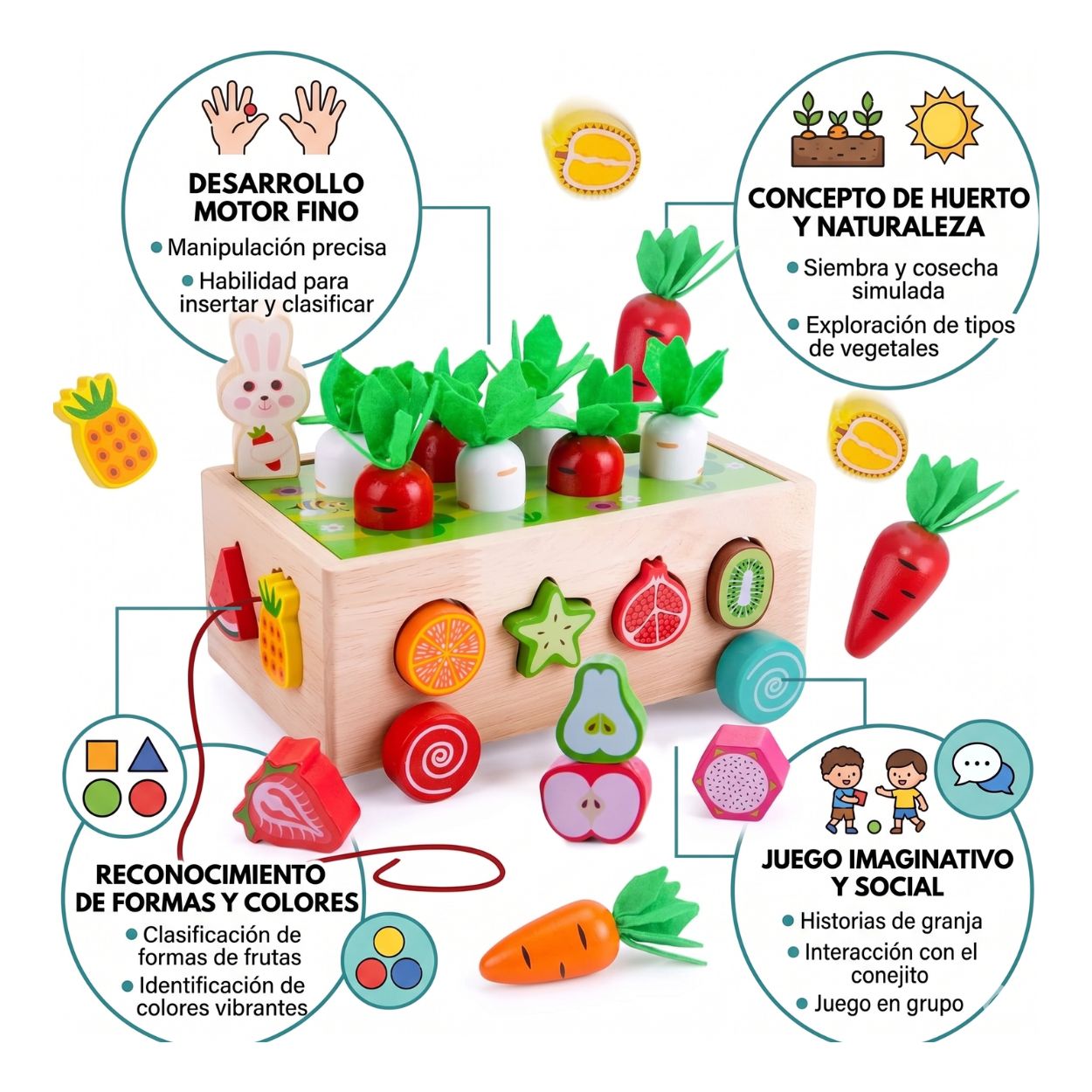 CARRITO DE MADERA DIDÁCTICO MONTESSORI - JUEGO DE COSECHA DE ZANAHORIAS Y PESCA - 4