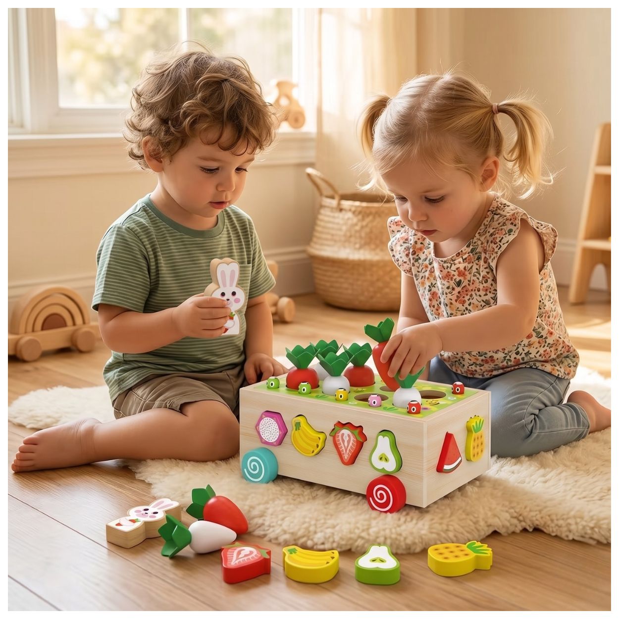 CARRITO DE MADERA DIDÁCTICO MONTESSORI - JUEGO DE COSECHA DE ZANAHORIAS Y PESCA - 5